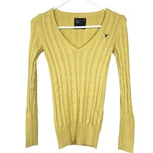 Y2K Cable Knit Sweater Small American Eagle Light Yellow 00s preppy v neck